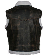 Men's Distressed Black Leather Motorcycle Vest With Fur Collar & Lining