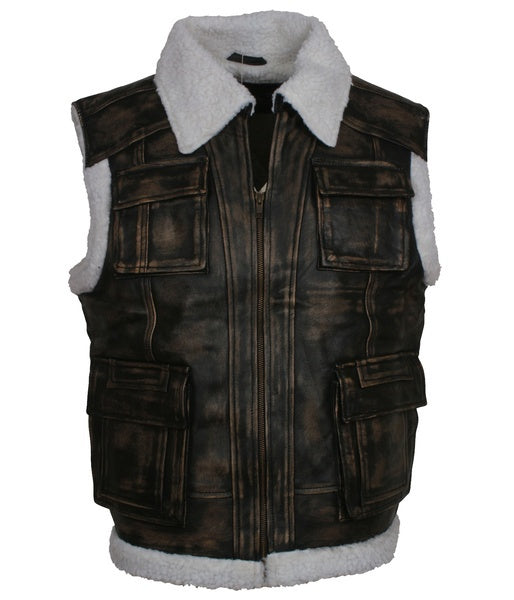 Men's Distressed Black Leather Motorcycle Vest With Fur Collar & Lining