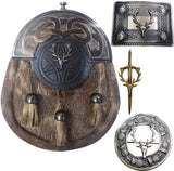 Men's Scottish Highland Kilt Out Fit Sporran Set Stag Head Kilt Pin, Brooch & Buckle