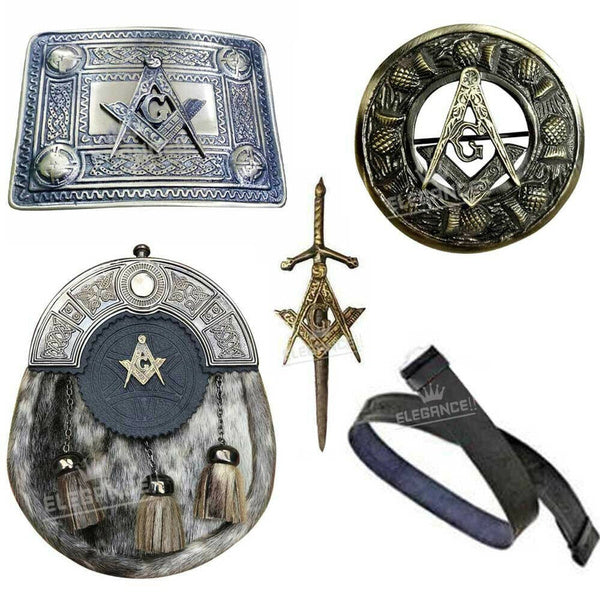 Kilt Outfit Full Dress ANTIQUE Masonic style Sporran Kilts Belt Buckle Brooch & Pin