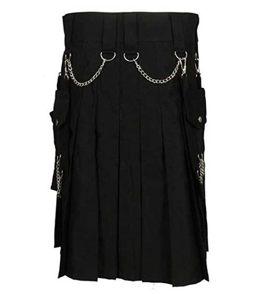 Scotland Men's Modern Stylish Utility Kilt with Chains Fashion gothic Kilt Black