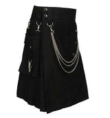 Scotland Men's Modern Stylish Utility Kilt with Chains Fashion gothic Kilt Black