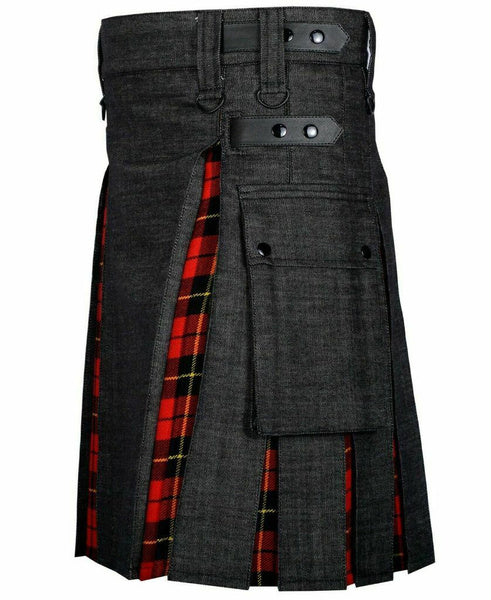 Scottish Men's Modern Hybrid Black Denim & Wallace Tartan Kilt Handmade Hybrid Utility Kilt