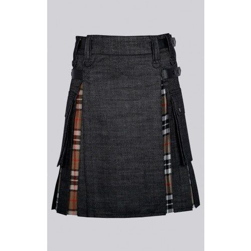 Men's Modern Hybrid Black Denim & Campbell of Thomson Tartan Kilt Handmade Hybrid Utility Kilt