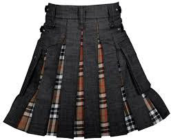 Men's Modern Hybrid Black Denim & Campbell of Thomson Tartan Kilt Handmade Hybrid Utility Kilt