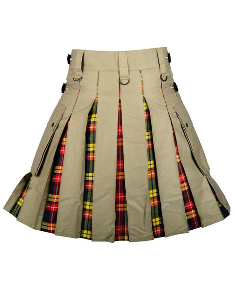 Scottish Fashion Utility Hybrid Kilts For Men Khaki Kilt With Buchanan Tartan Pleats