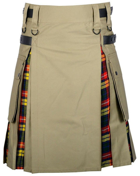 Scottish Fashion Utility Hybrid Kilts For Men Khaki Kilt With Buchanan Tartan Pleats