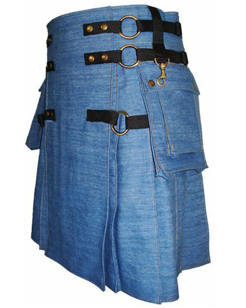Traditional Men's Blue denim utility Kilt Men's fashion Kilts For Men