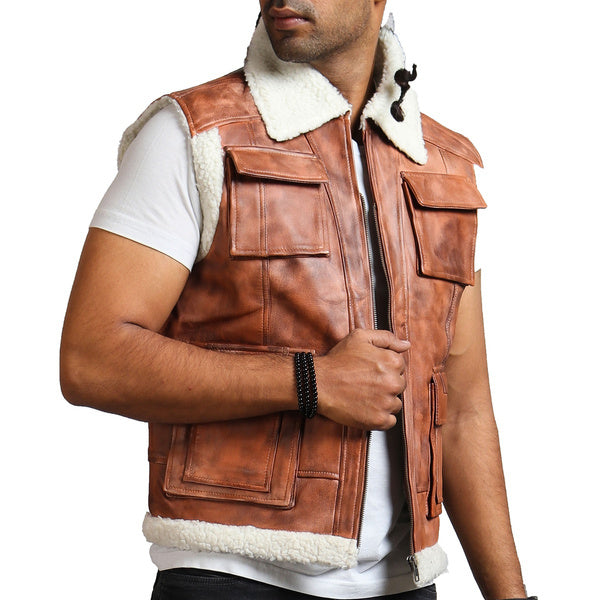 Brown Leather Vest Mens Patch Pockets Genuine Leather Vest