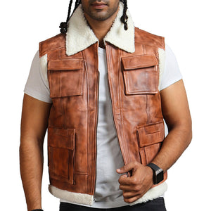 Brown Leather Vest Mens Patch Pockets Genuine Leather Vest