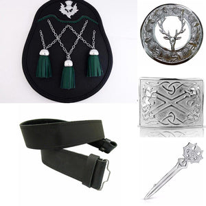 Scottish Leather Sporran Men's Kilt Sporran Set Thistle Sporran + Kilt Pin + Brooch+ Kilt Belt and Buckle