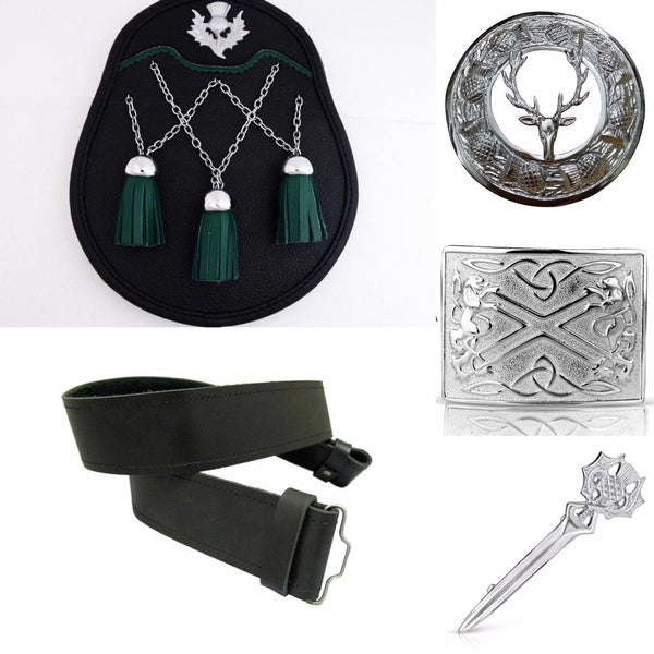 Scottish Leather Sporran Men's Kilt Sporran Set Thistle Sporran + Kilt Pin + Brooch+ Kilt Belt and Buckle