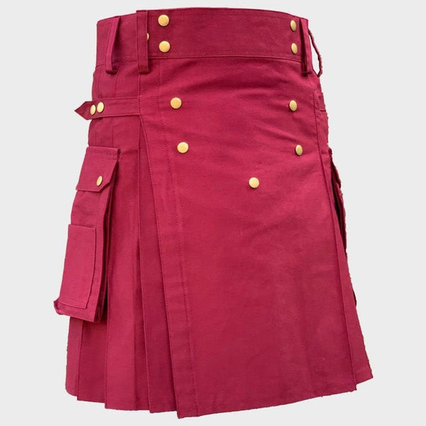 Scottish Men's Modern Utility Kilt Maroon Fashion Kilt For Men