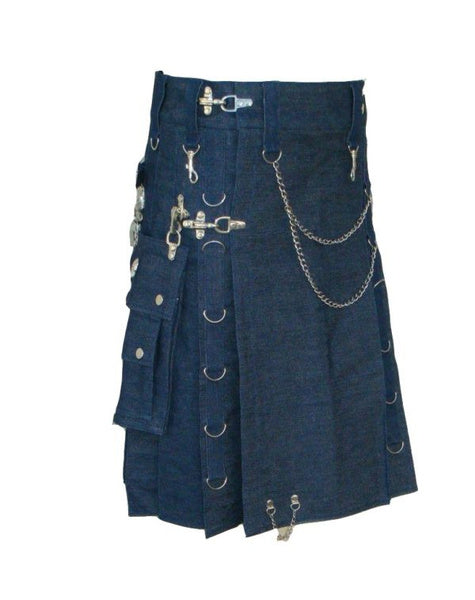 Men's Modern Gothic Style Blue Denim Utility Detatchable Pocket  Kilts With Chains