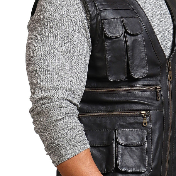 Black Leather Vest Men's Biker Genuine Leather waist Coat