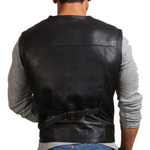 Black Leather Vest Men's Biker Genuine Leather waist Coat