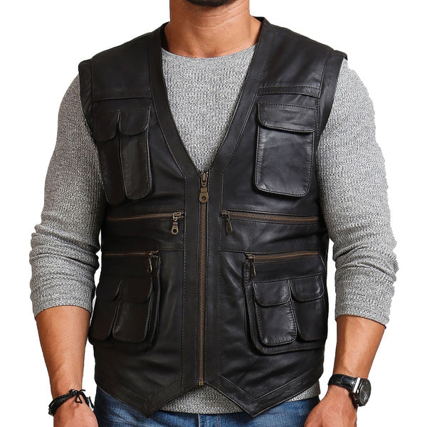 Black Leather Vest Men's Biker Genuine Leather waist Coat