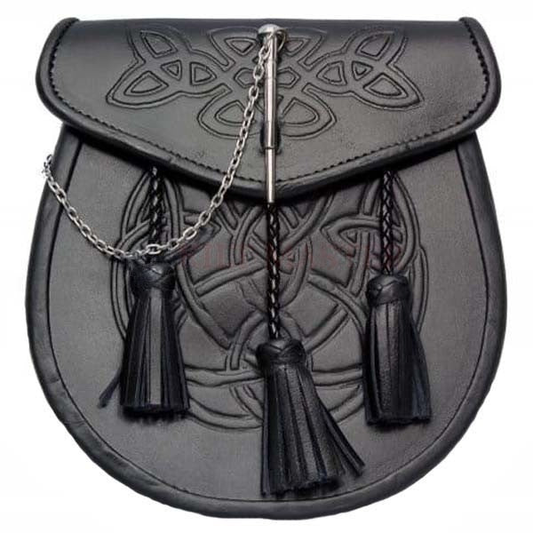 Celtic Embossed Leather Sporran with chain belt