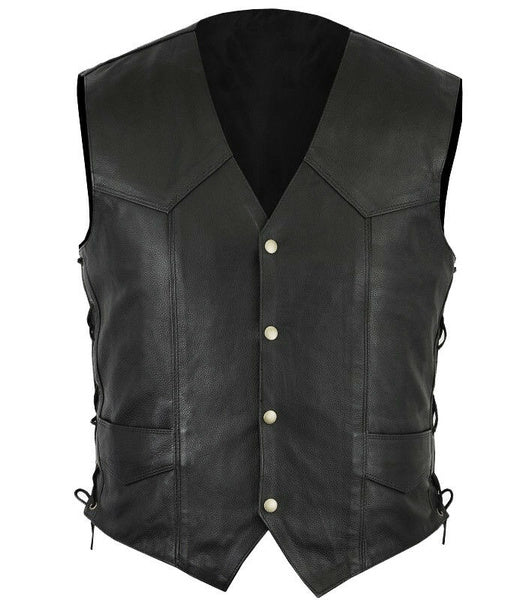 Motorcycle Motorbike Classic Plain Side Laced Leather Mens waistcoat