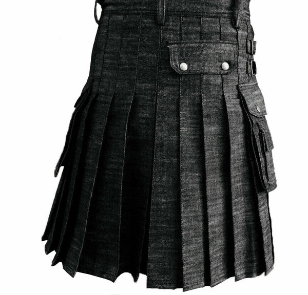 Black Denim Kilt Scottish Fashion Denim Utility Kilts For Men