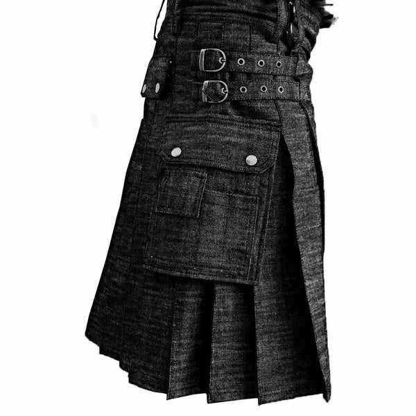 Black Denim Kilt Scottish Fashion Denim Utility Kilts For Men