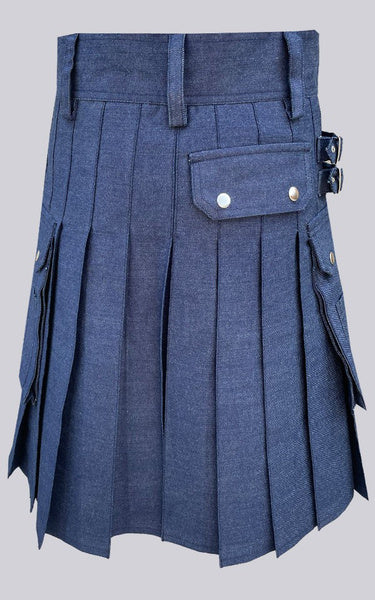 Scottish Men's Blue Denim  Utility Kilt For Men