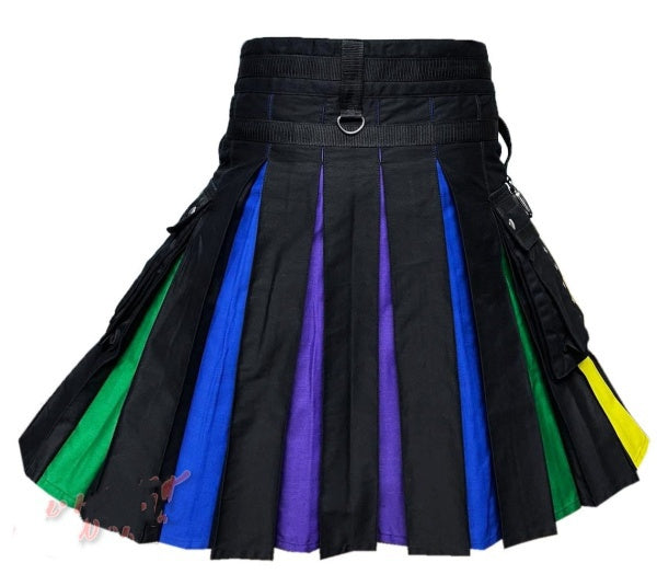 Men's Rainbow Hybrid Kilt Nylon Straps Black Cotton Utility Colorful Kilt With Front Purple Nylon Design