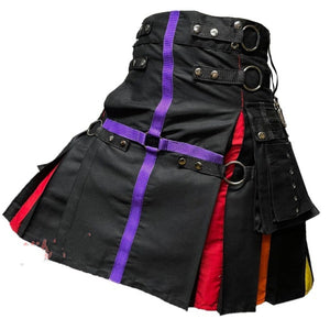 Men's Rainbow Hybrid Kilt Nylon Straps Black Cotton Utility Colorful Kilt With Front Purple Nylon Design