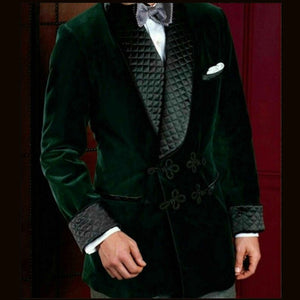 Mens Green Velvet Smoking Quilted Long Dinner Coat, Velvet Smoking Coat