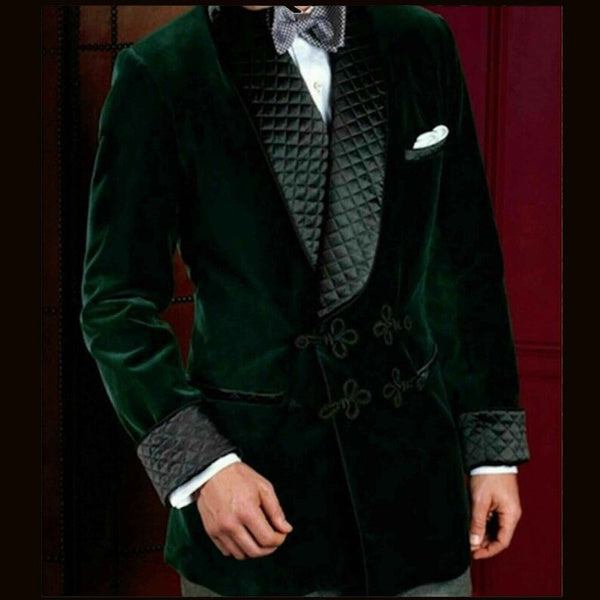 Mens Green Velvet Smoking Quilted Long Dinner Coat, Velvet Smoking Coat