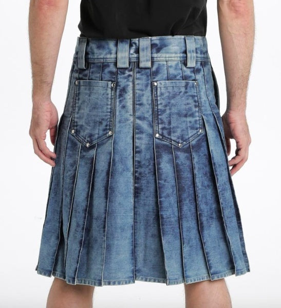 Scottish Men's Stone Wash Handmade Blue Denim Utility Kilt for men