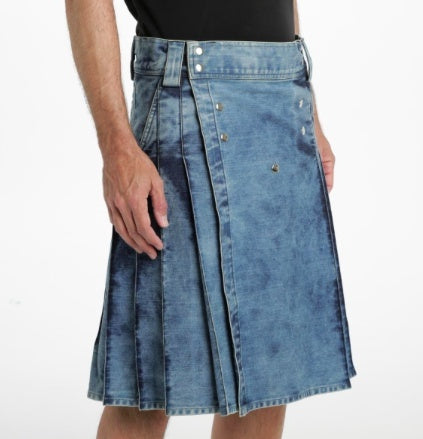 Scottish Men's Stone Wash Handmade Blue Denim Utility Kilt for men