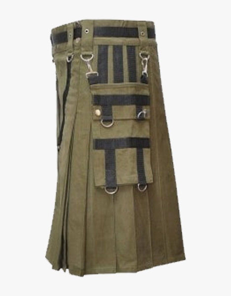 Olive Green Utility Men's Kilt with Nylon Straps Fastening fashion kilt