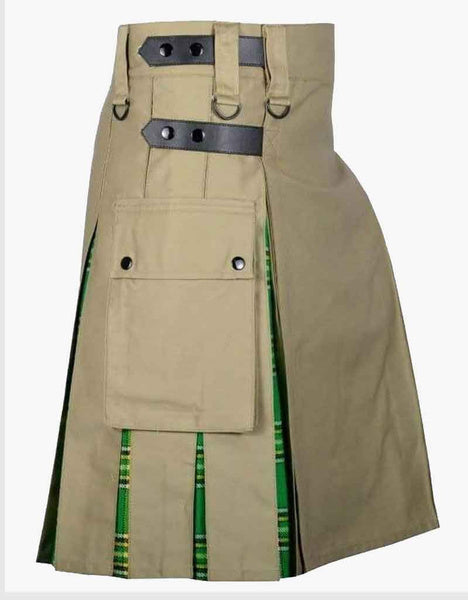 Scottish Fashion Utility Hybrid Kilts For Men Khaki Kilt With Irish Tartan Pleats