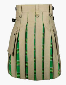 Scottish Fashion Utility Hybrid Kilts For Men Khaki Kilt With Irish Tartan Pleats