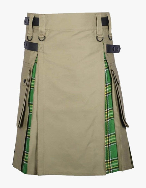 Scottish Fashion Utility Hybrid Kilts For Men Khaki Kilt With Irish Tartan Pleats