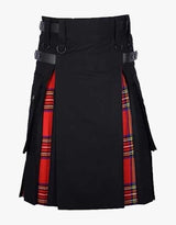 Men's premium quality Black  cotton and Royal Stewart Tartan Hybrid Kilt For Men