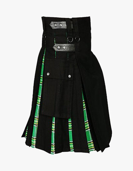 Men's modern kilt Black Cotton & Irish Green Tartan Hybrid Kilt For Men
