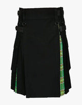 Men's modern kilt Black Cotton & Irish Green Tartan Hybrid Kilt For Men