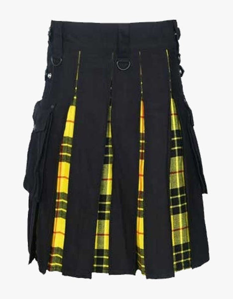 Men's Premium quality Black cotton & MacLeod of Lewis Tartan Hybrid Kilt For Men