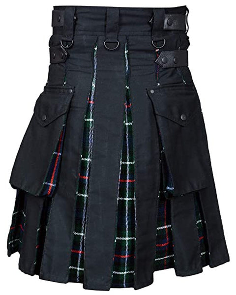 Men's Modern Black cotton & Mackenzie Tartan Hybrid Kilt For Men