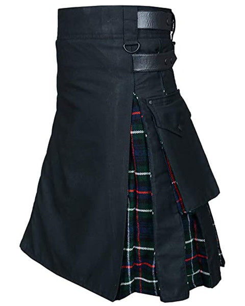 Men's Modern Black cotton & Mackenzie Tartan Hybrid Kilt For Men