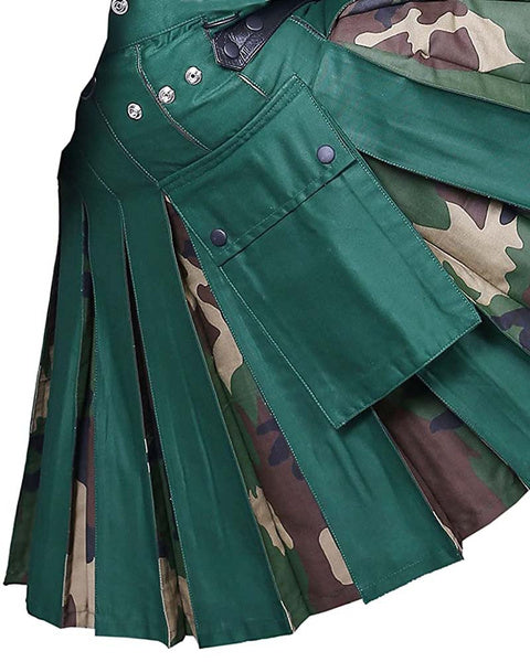 Men's Modern Green and Camouflage Utility Hybrid Kilt For Men