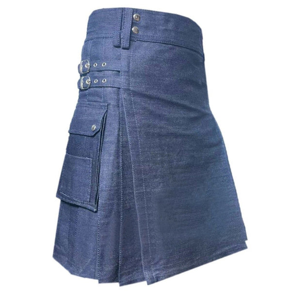 Men's Mid Wash Denim  Fashion Utility Kilt with Flapped Pockets