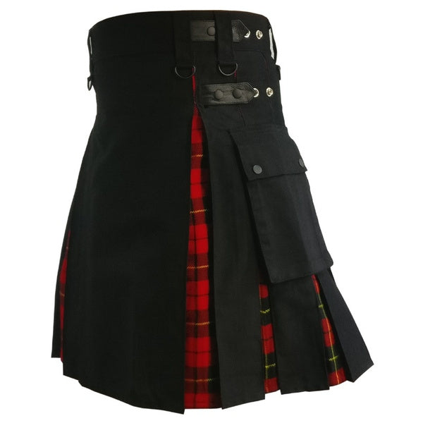 Men's Modern Hybrid Wallace Tartan and Black Cotton Hybrid Utility Kilt