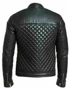 Men's Black Real Leather Racer Neck Quilted Biker Jacket for men - Fashions Garb