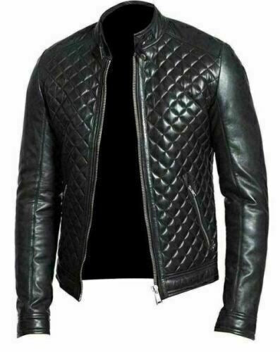 Men's Black Real Leather Racer Neck Quilted Biker Jacket for men - Fashions Garb