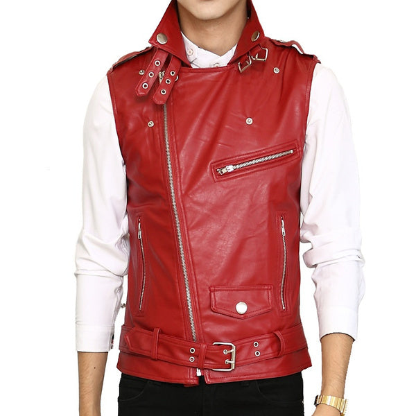 High Quality Men's Leather Vest Sleeveless Diagonal Zipper waistcoat