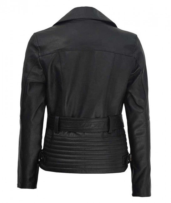 Womens Black Belted Asymmetrical Moto Jacket - Fashions Garb