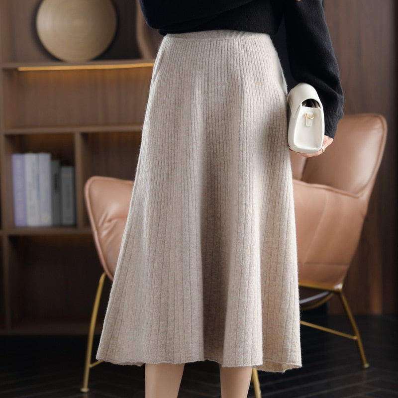 Wool Pleated Long Skirt Women